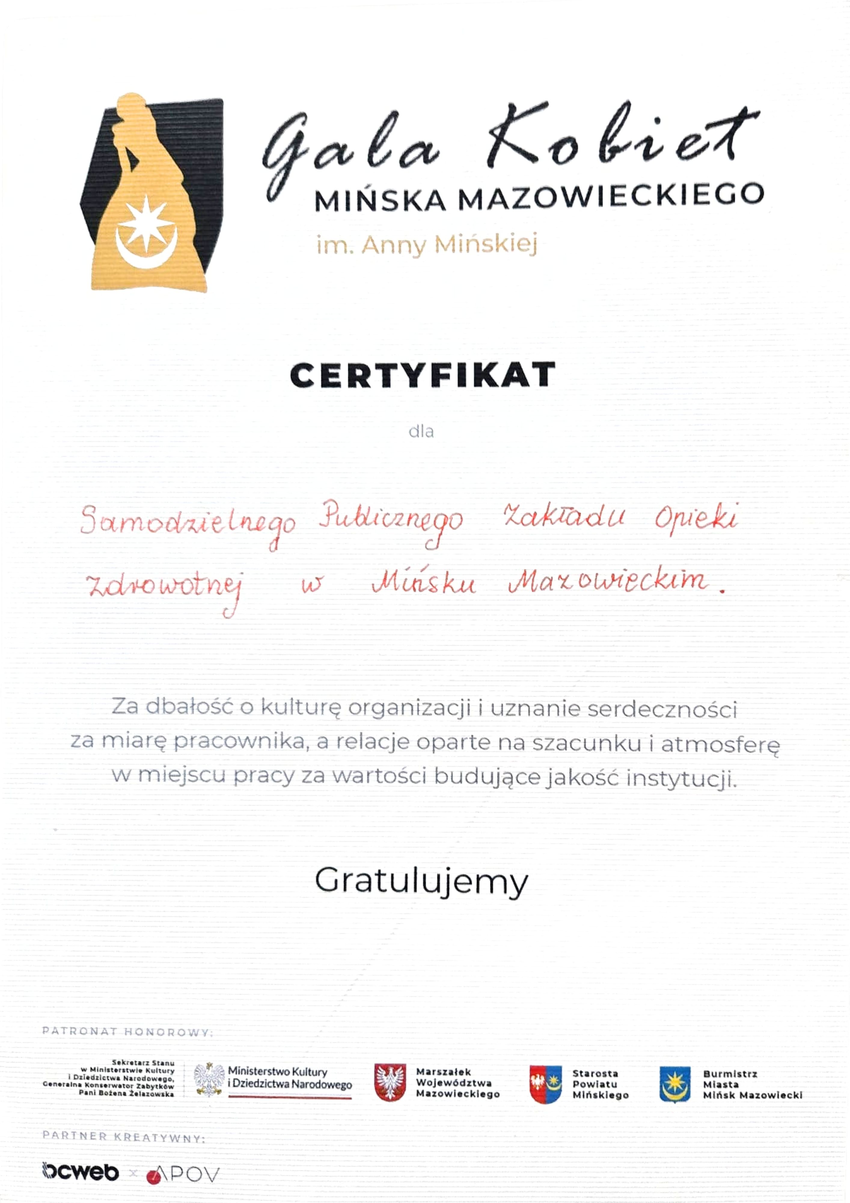 Read more about the article Serce naszej placówki docenione — SPZOZ Mińsk Mazowiecki z Certyfikatem za kulturę serdeczności