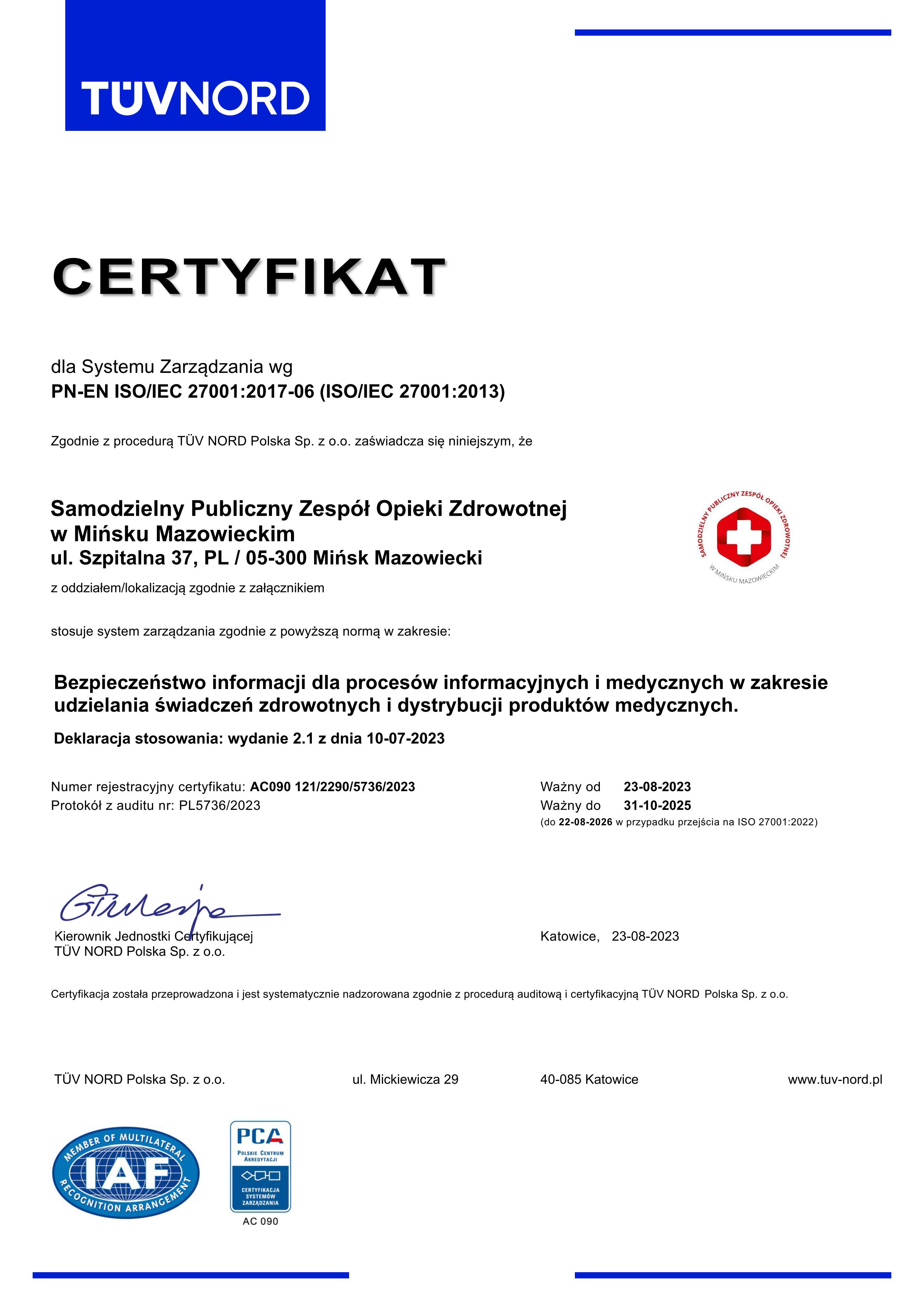 Certyfikat ISO 270001